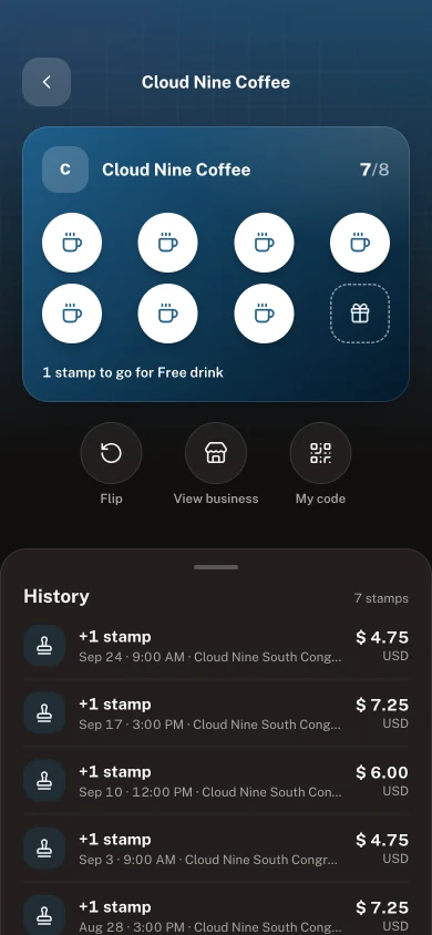 A stamp card in the customer's app: seven of eight stamps and their purchase history.