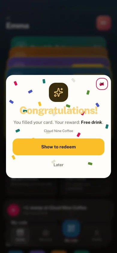The customer's app as the card fills up: the reward appears on its own.