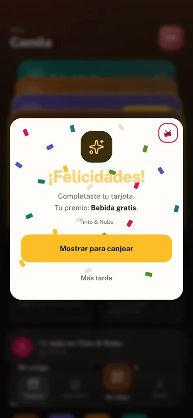 La app del cliente al llenar la tarjeta: el premio aparece solo.