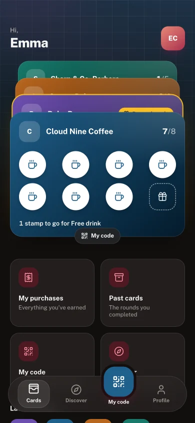 The customer's app: their stamp cards, the café's one stamp away from a free drink.