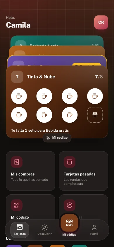 La app del cliente: sus tarjetas de sellos, la del café a un sello de la bebida gratis.