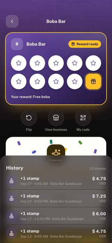 A full stamp card in the customer's app, its reward ready.