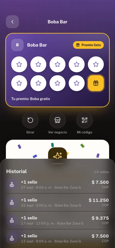 Una tarjeta de sellos llena en la app del cliente, con su premio listo.
